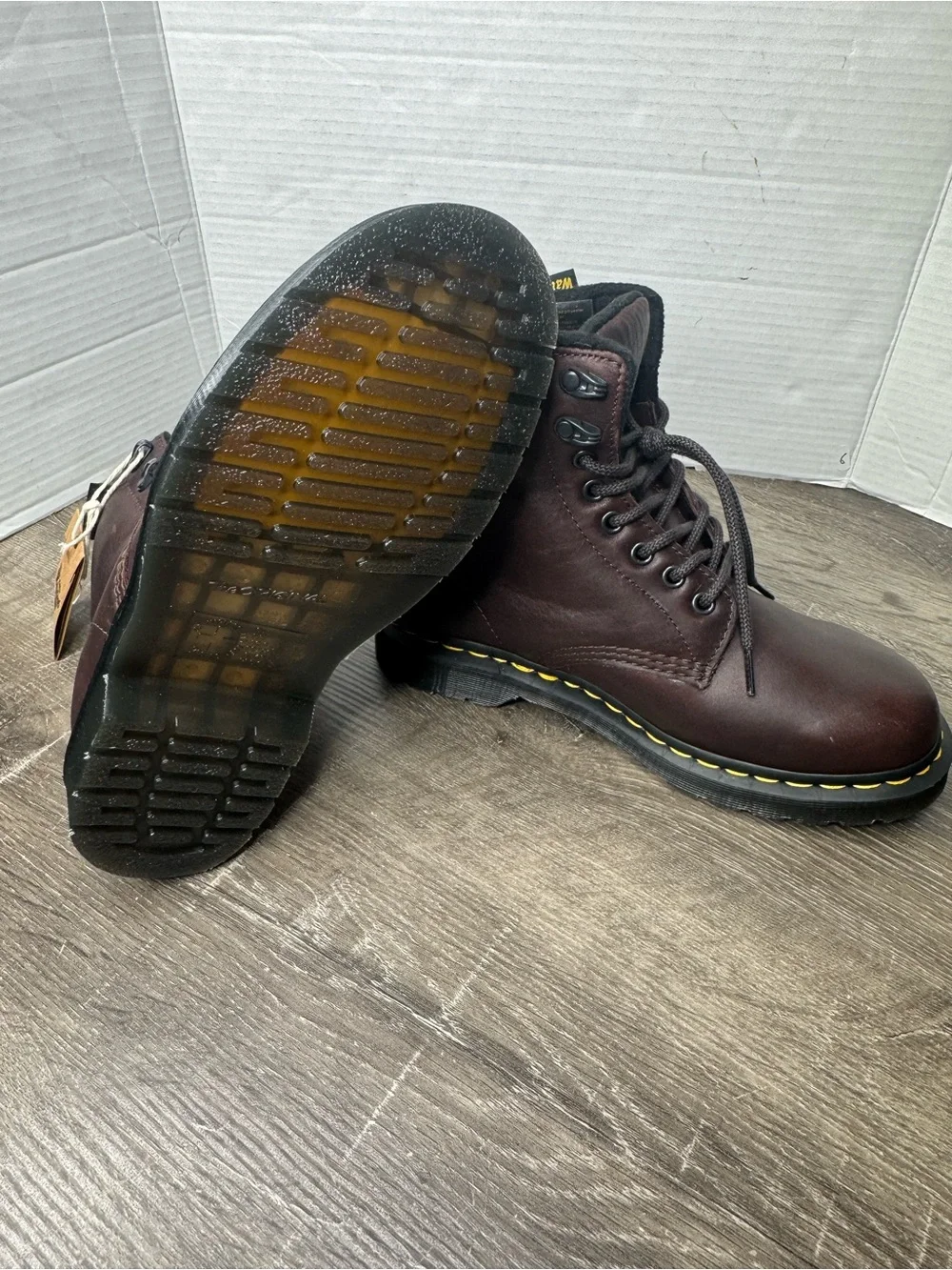 Dr. Martens Men’s Oxblood Leather 6-Eye Lace-Up Boots with Yellow Stitching